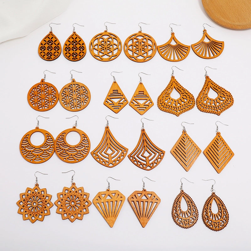 Wholesale Wood Geometric Hollow Earrings