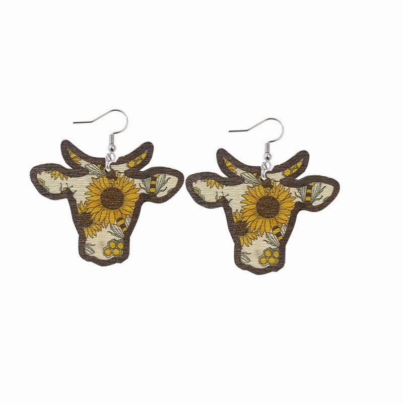 Wholesale Wood Sunflower Flower Bull Head Earrings