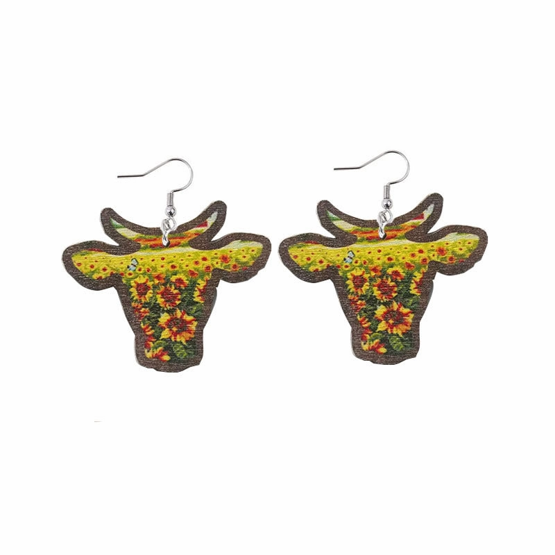 Wholesale Wood Sunflower Flower Bull Head Earrings
