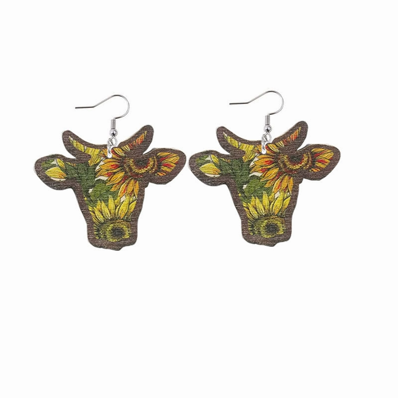 Wholesale Wood Sunflower Flower Bull Head Earrings