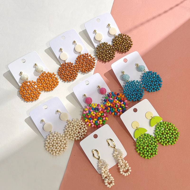 Wholesale Wooden Beads Braided Geometric Round Stud Earrings