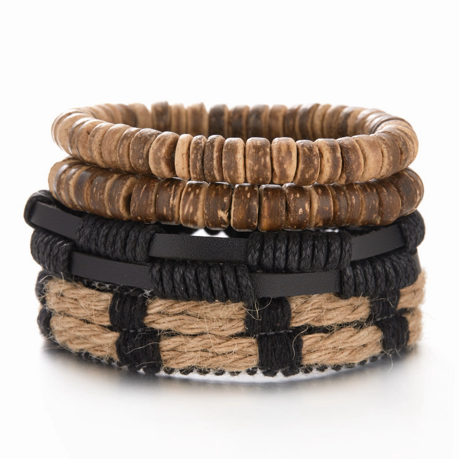 Wholesale Wooden Beads Coconut Shell Bead Chain Weaving Leather Combination Bracelet Set