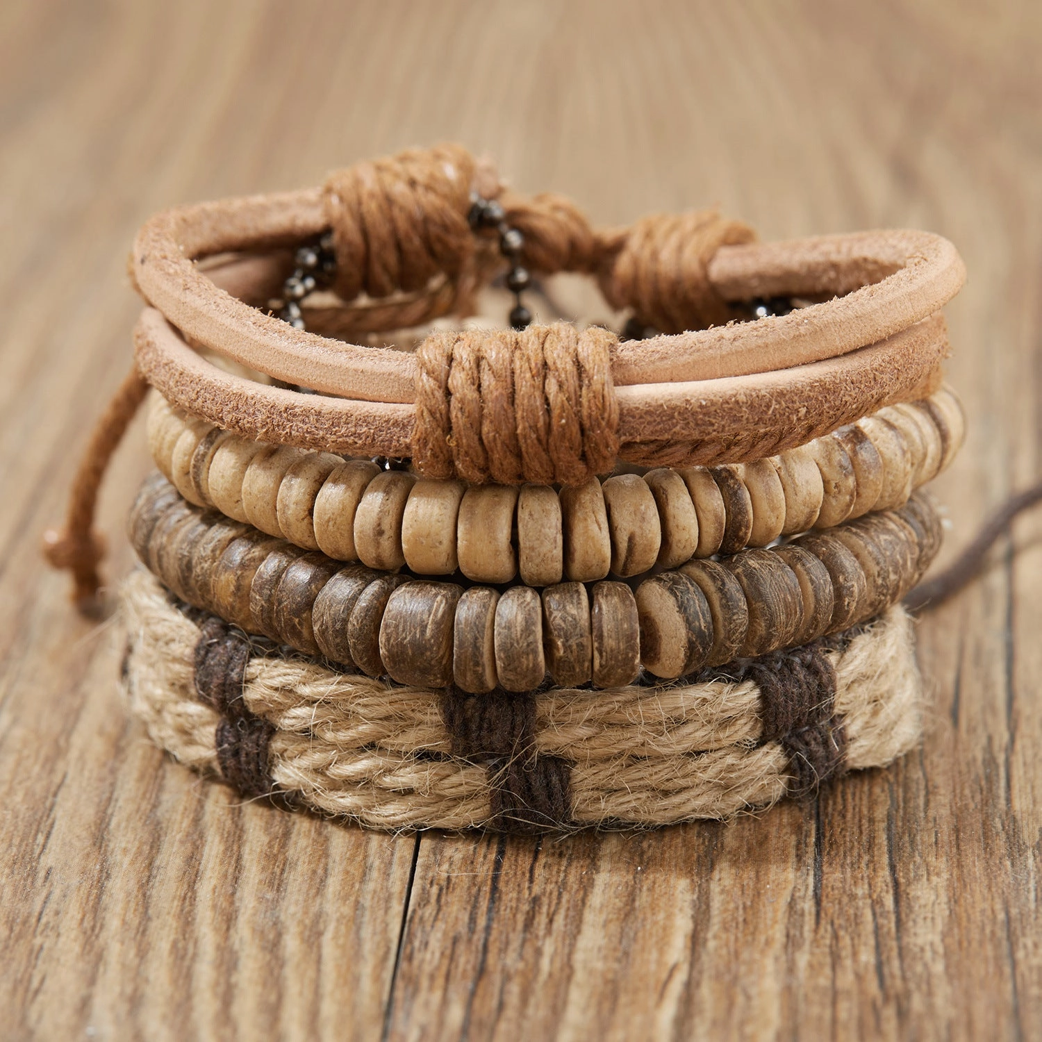 Wholesale Wooden Beads Coconut Shell Bead Chain Weaving Leather Combination Bracelet Set