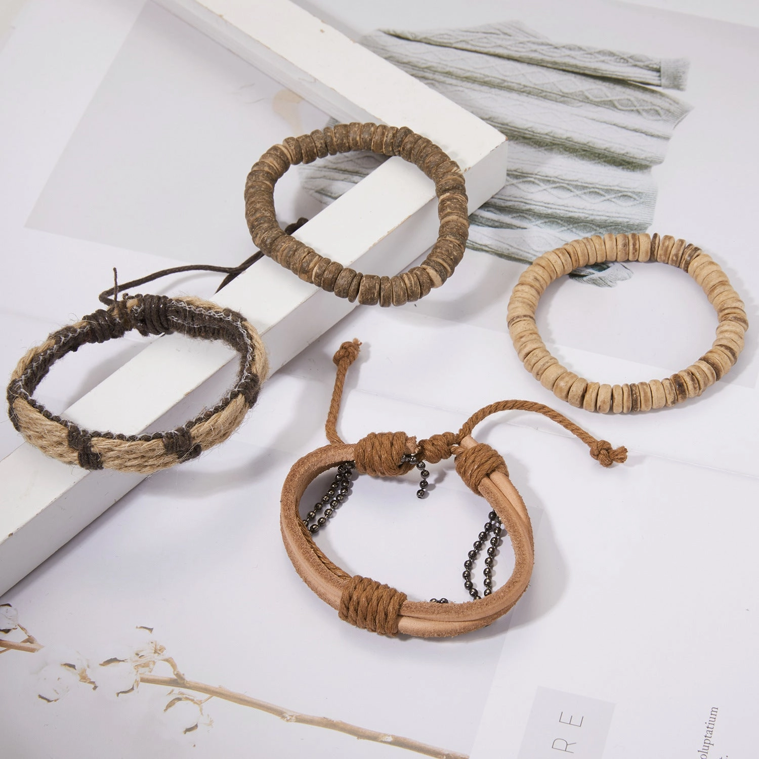 Wholesale Wooden Beads Coconut Shell Bead Chain Weaving Leather Combination Bracelet Set