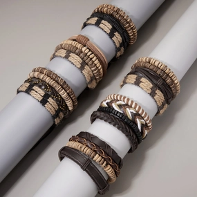 Wholesale Wooden Beads Coconut Shell Bead Chain Weaving Leather Combination Bracelet Set