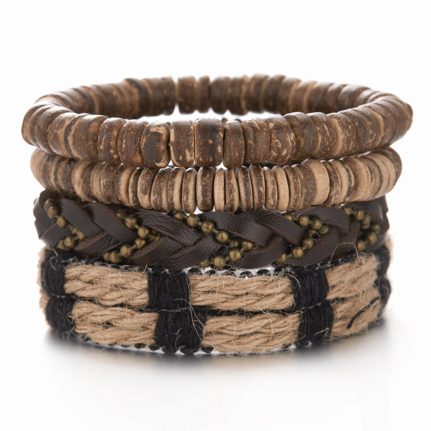 Wholesale Wooden Beads Coconut Shell Bead Chain Weaving Leather Combination Bracelet Set