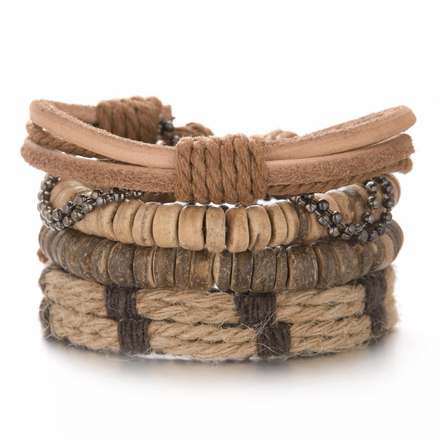 Wholesale Wooden Beads Coconut Shell Bead Chain Weaving Leather Combination Bracelet Set