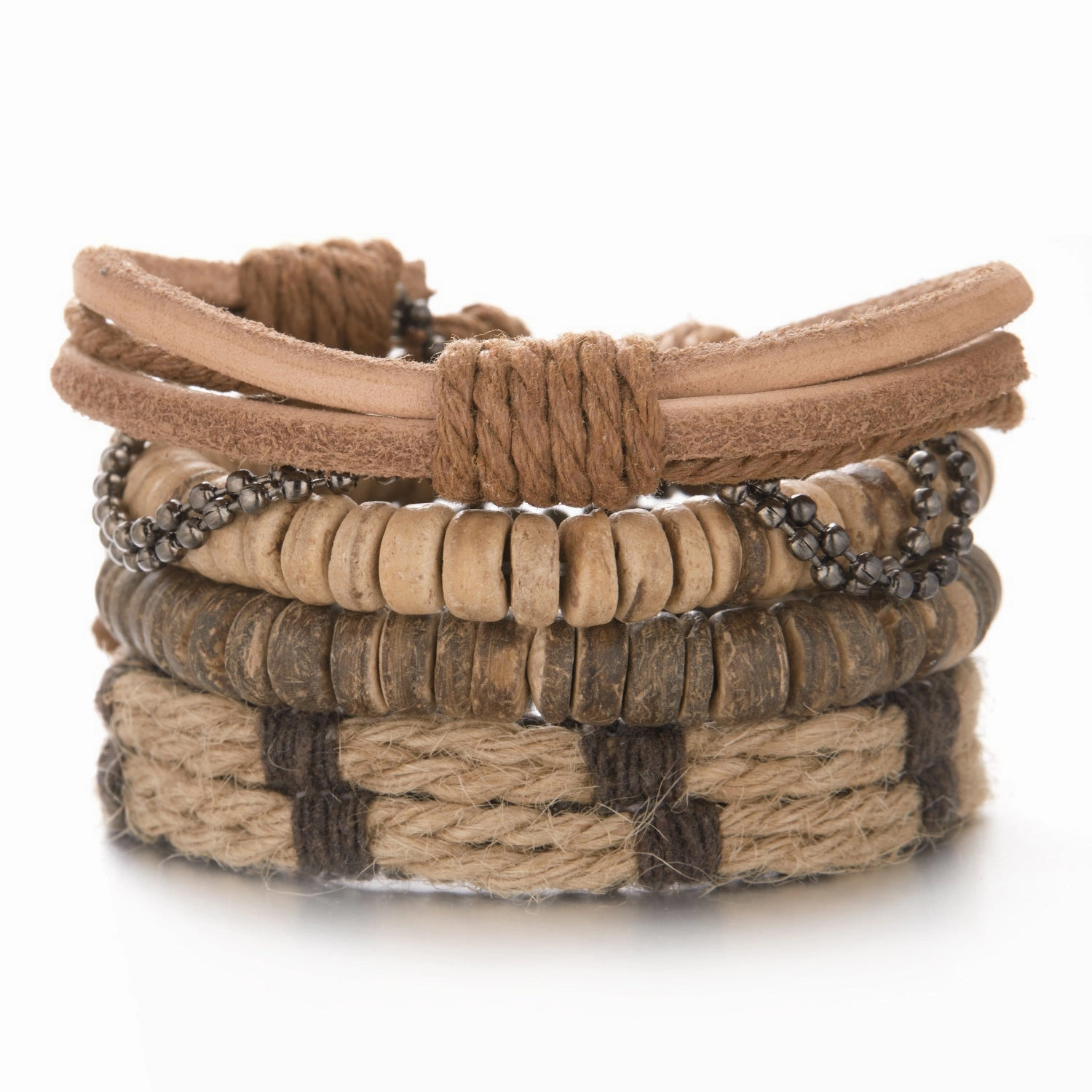 Wholesale Wooden Beads Coconut Shell Bead Chain Weaving Leather Combination Bracelet Set