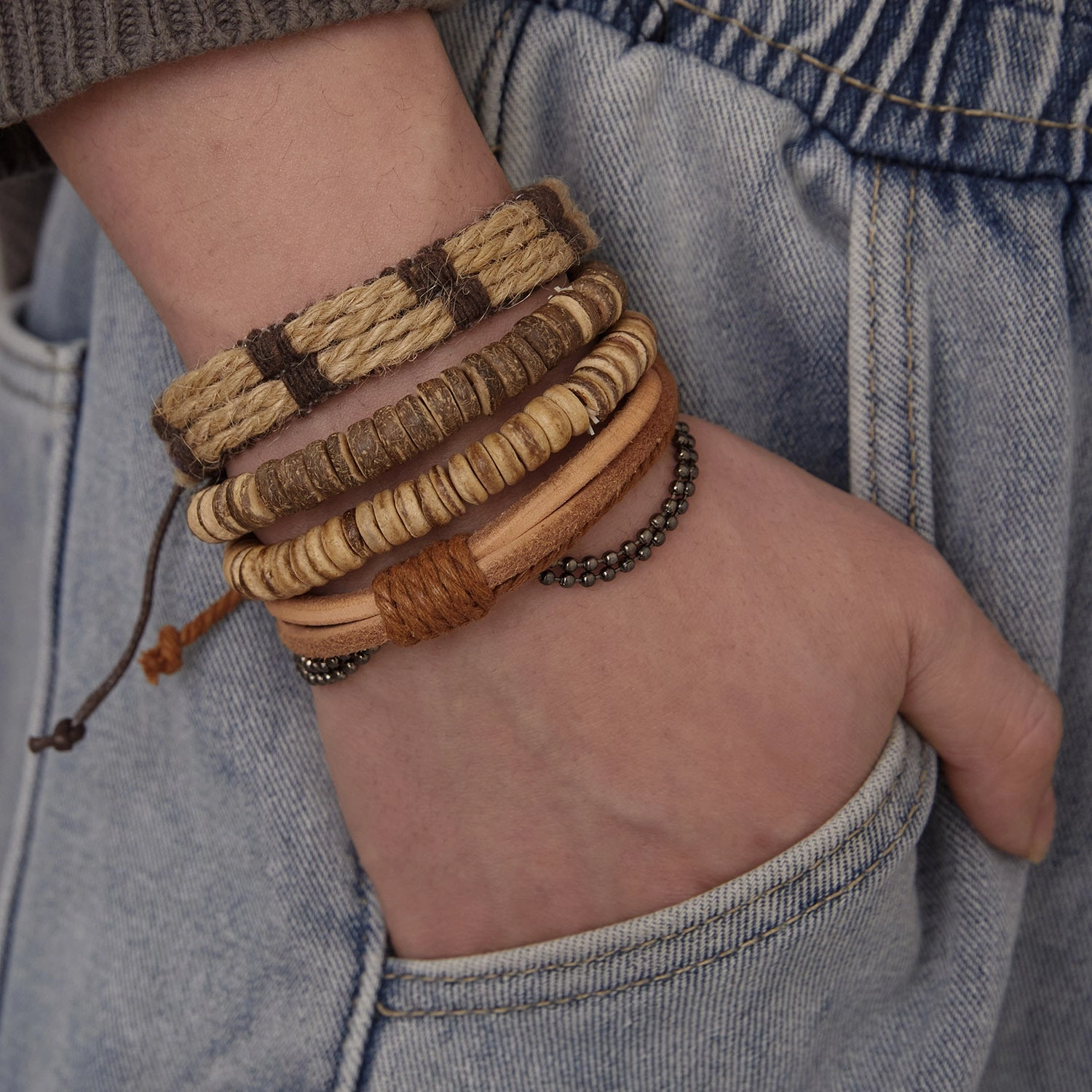 Wholesale Wooden Beads Coconut Shell Bead Chain Weaving Leather Combination Bracelet Set