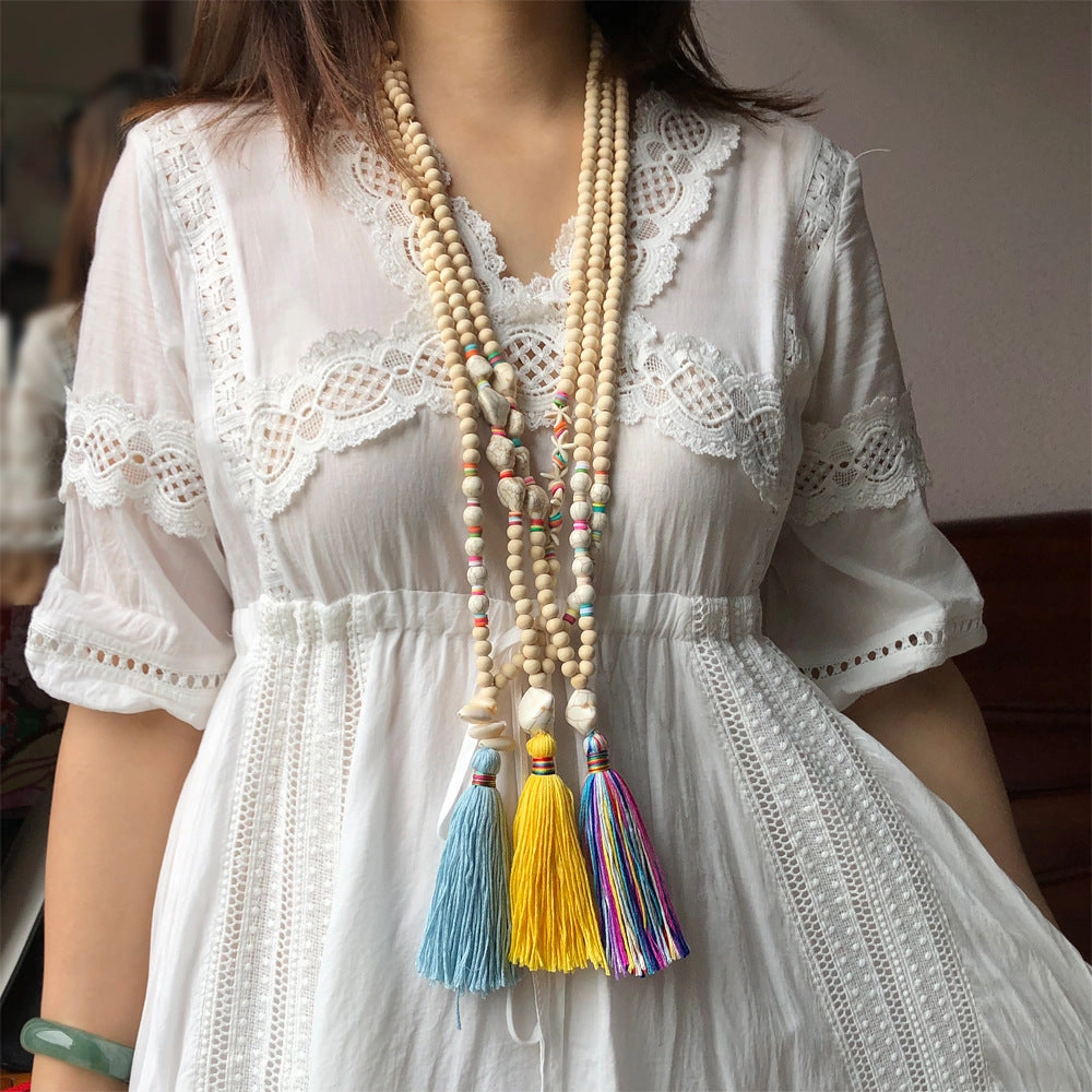 Wholesale Wooden Beads Polymer Clay Colorful Tassel Long Necklace