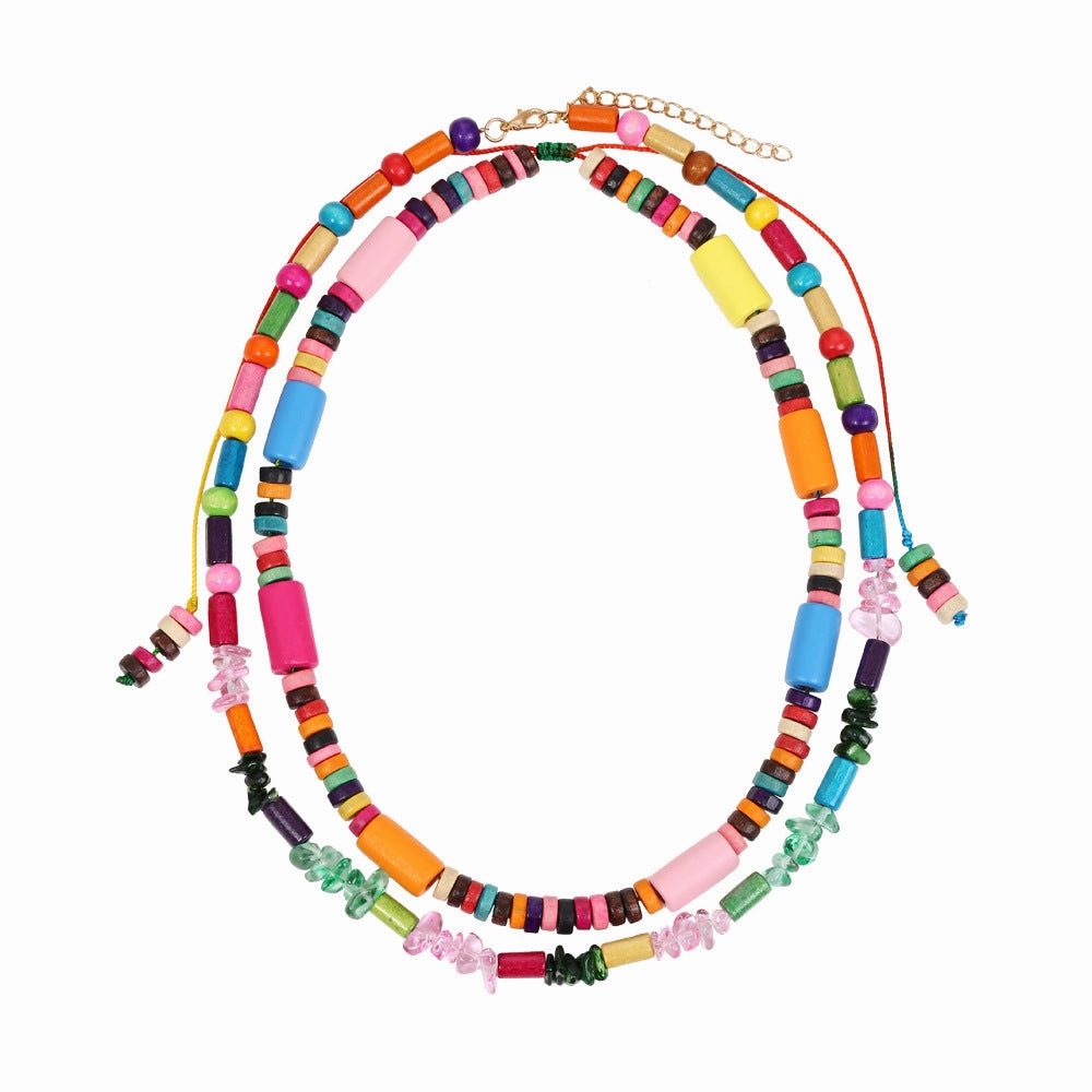Wholesale Wooden Bohemian Double-layer Colored Beaded Necklace