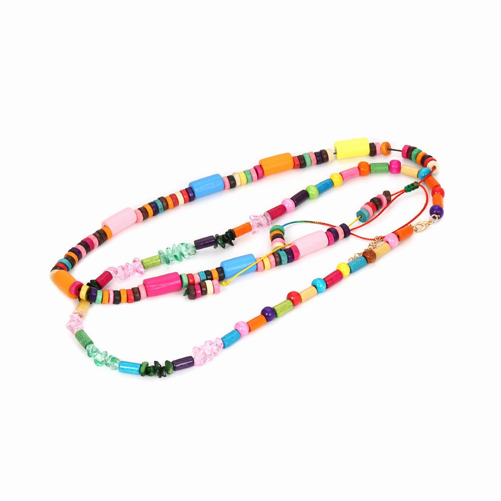 Wholesale Wooden Bohemian Double-layer Colored Beaded Necklace