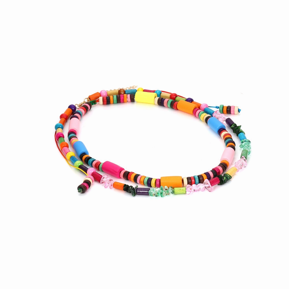 Wholesale Wooden Bohemian Double-layer Colored Beaded Necklace