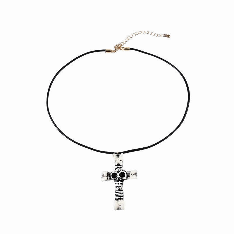 Wholesale Wooden Cross Halloween Skull Resin Necklace