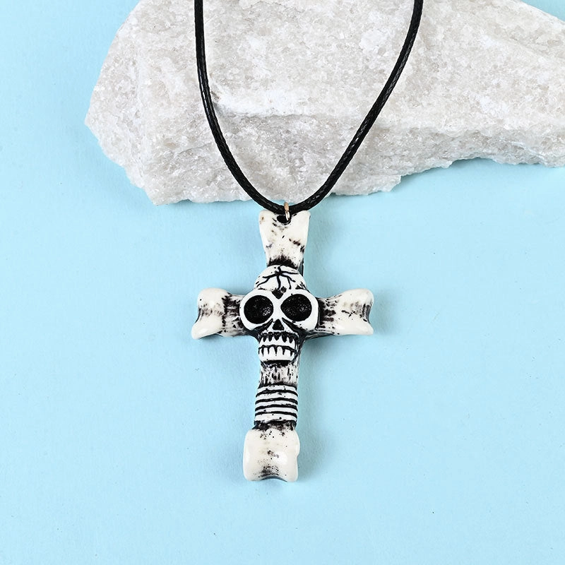 Wholesale Wooden Cross Halloween Skull Resin Necklace