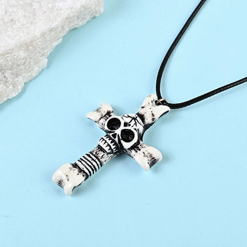 Wholesale Wooden Cross Halloween Skull Resin Necklace