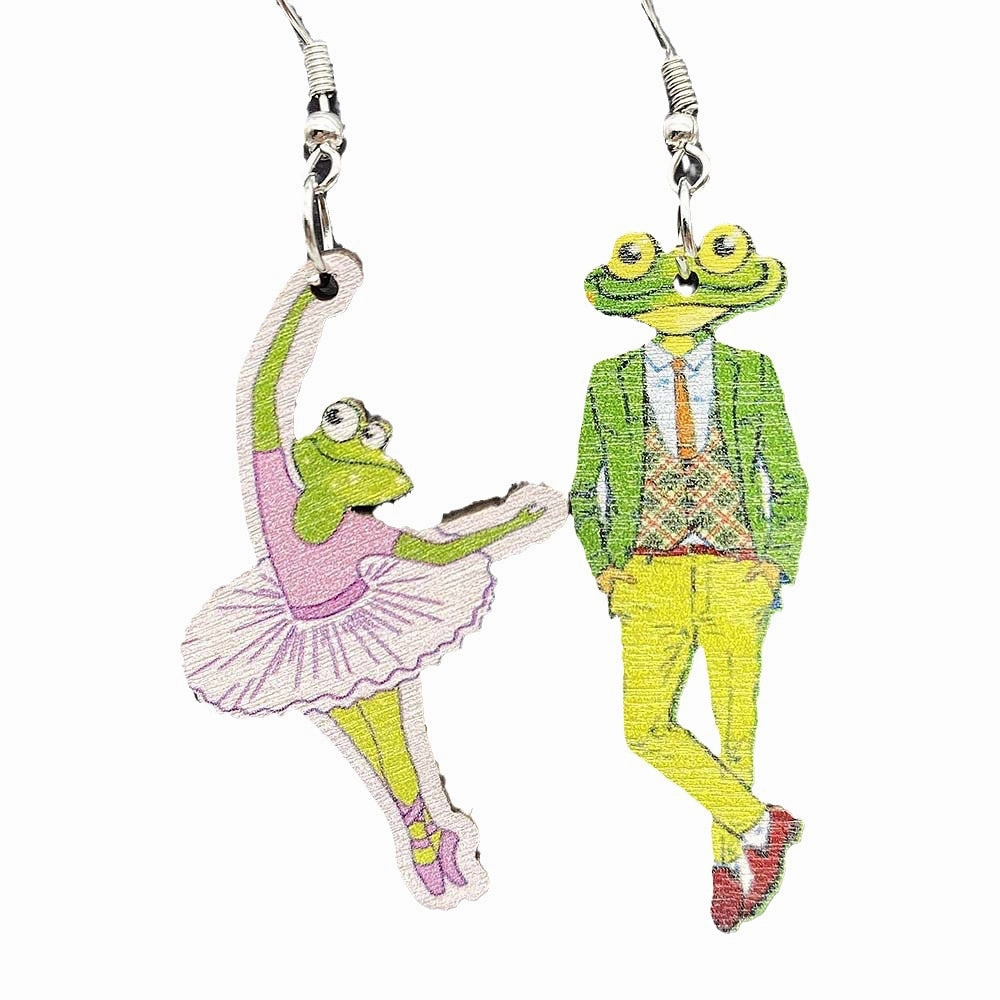 Wholesale Wooden Frog Prince Ballet Girl Pendant Earrings