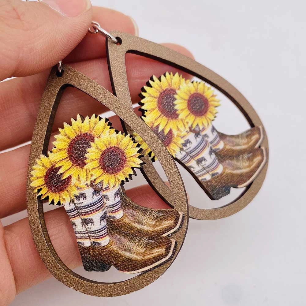 Wholesale Wooden Sunflower Bull Head Boots Pattern Hollow Earrings