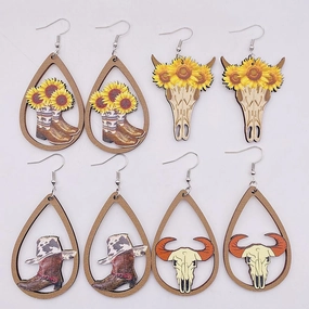 Wholesale Wooden Sunflower Bull Head Boots Pattern Hollow Earrings