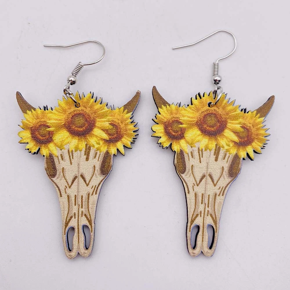 Wholesale Wooden Sunflower Bull Head Boots Pattern Hollow Earrings
