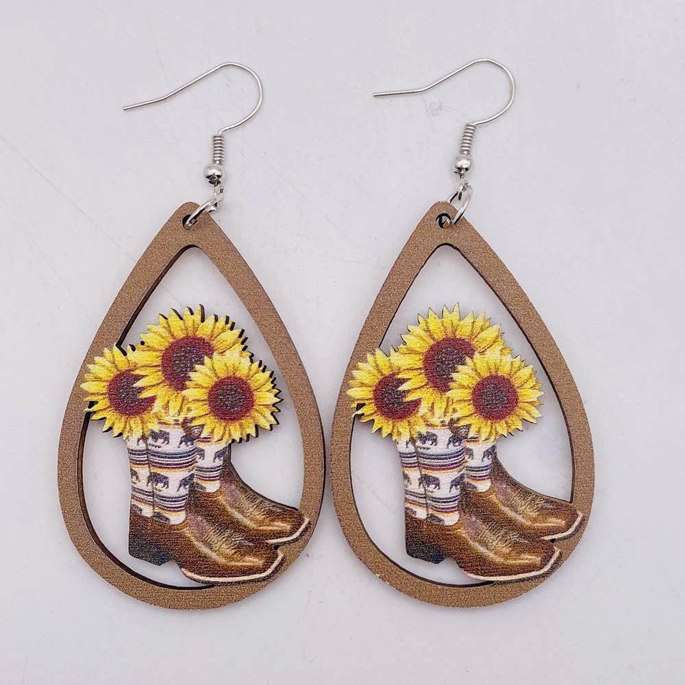 Wholesale Wooden Sunflower Bull Head Boots Pattern Hollow Earrings