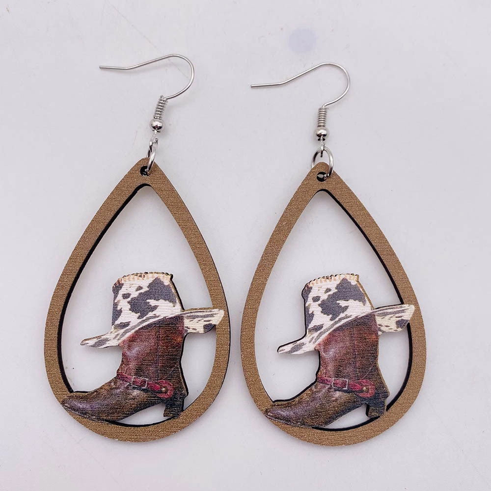 Wholesale Wooden Sunflower Bull Head Boots Pattern Hollow Earrings