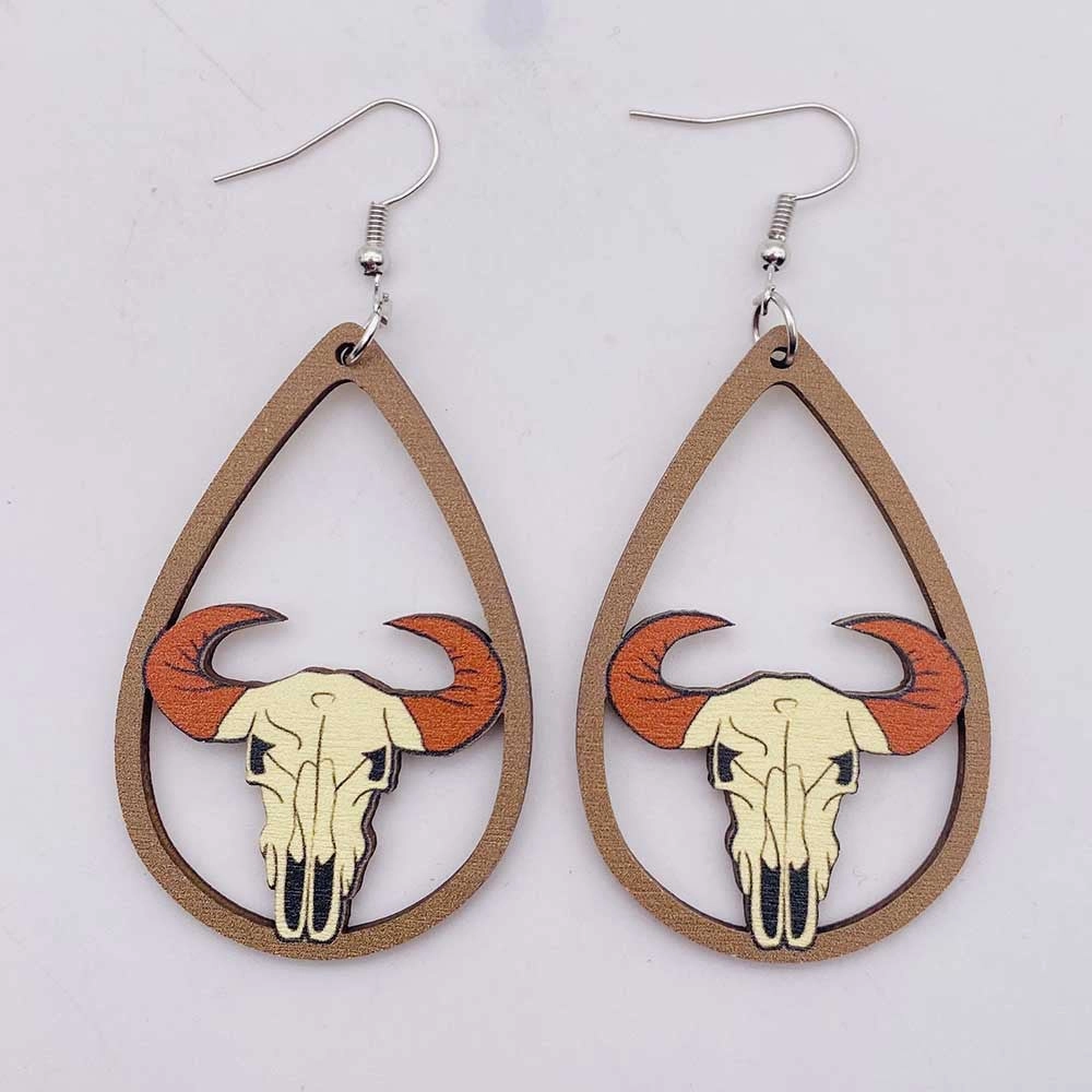 Wholesale Wooden Sunflower Bull Head Boots Pattern Hollow Earrings