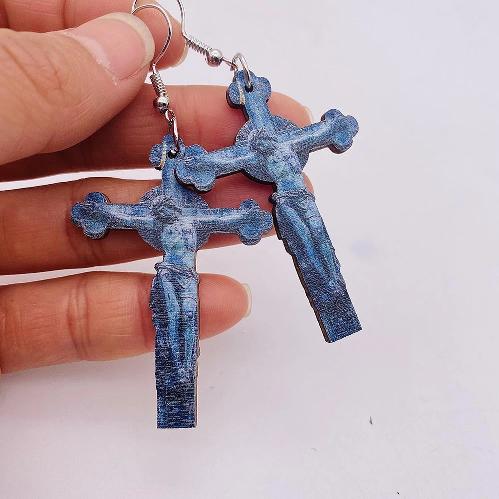 Wholesale Wooden Water Drop Cross Baroque Relief Earrings
