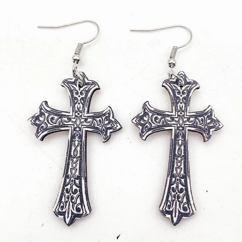 Wholesale Wooden Water Drop Cross Baroque Relief Earrings