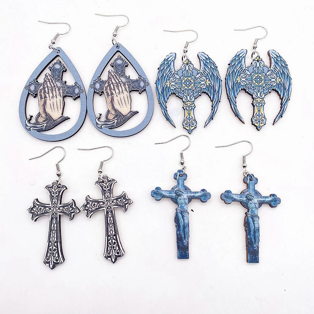 Wholesale Wooden Water Drop Cross Baroque Relief Earrings