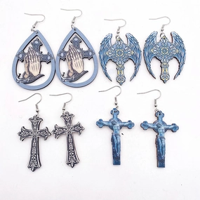 Wholesale Wooden Water Drop Cross Baroque Relief Earrings