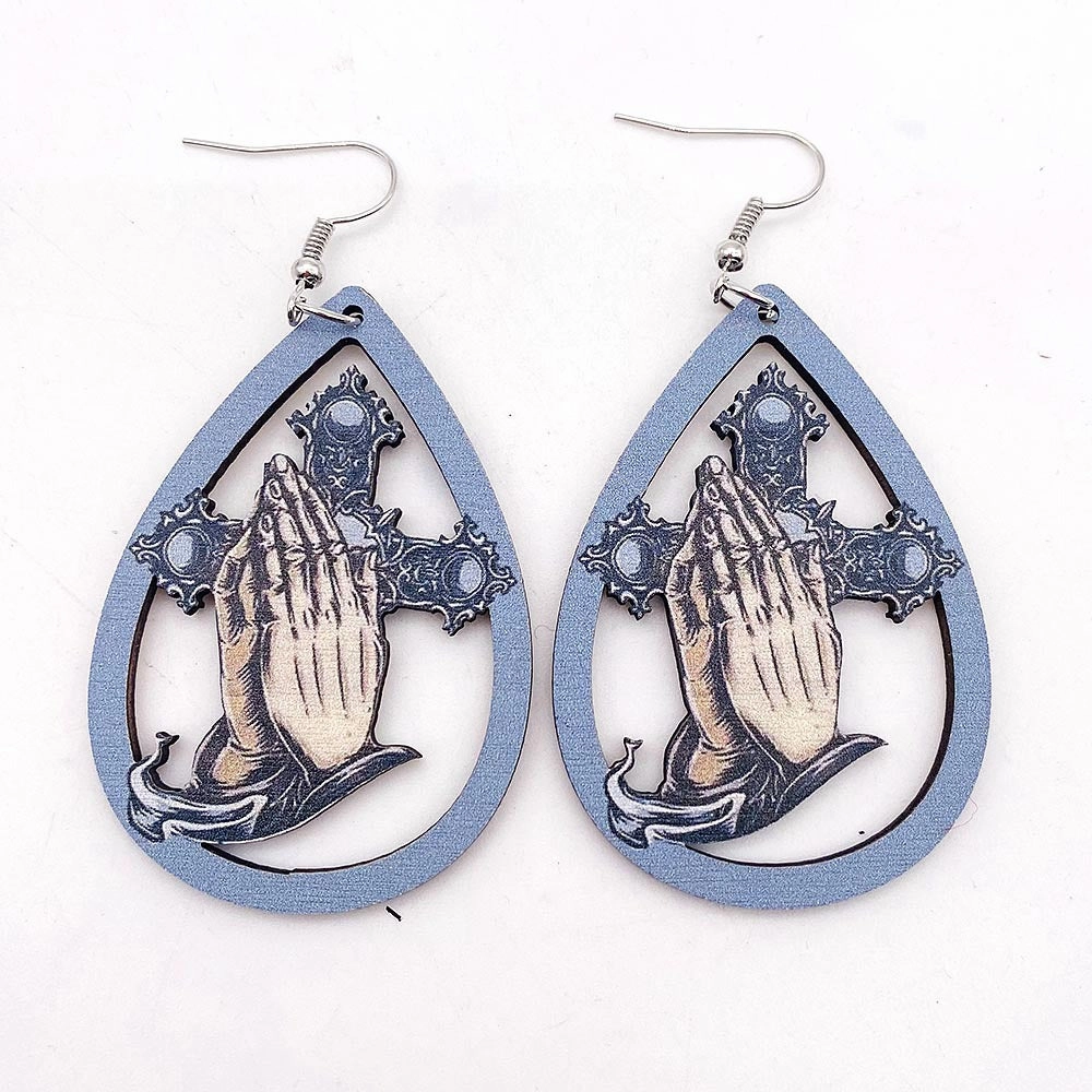 Wholesale Wooden Water Drop Cross Baroque Relief Earrings