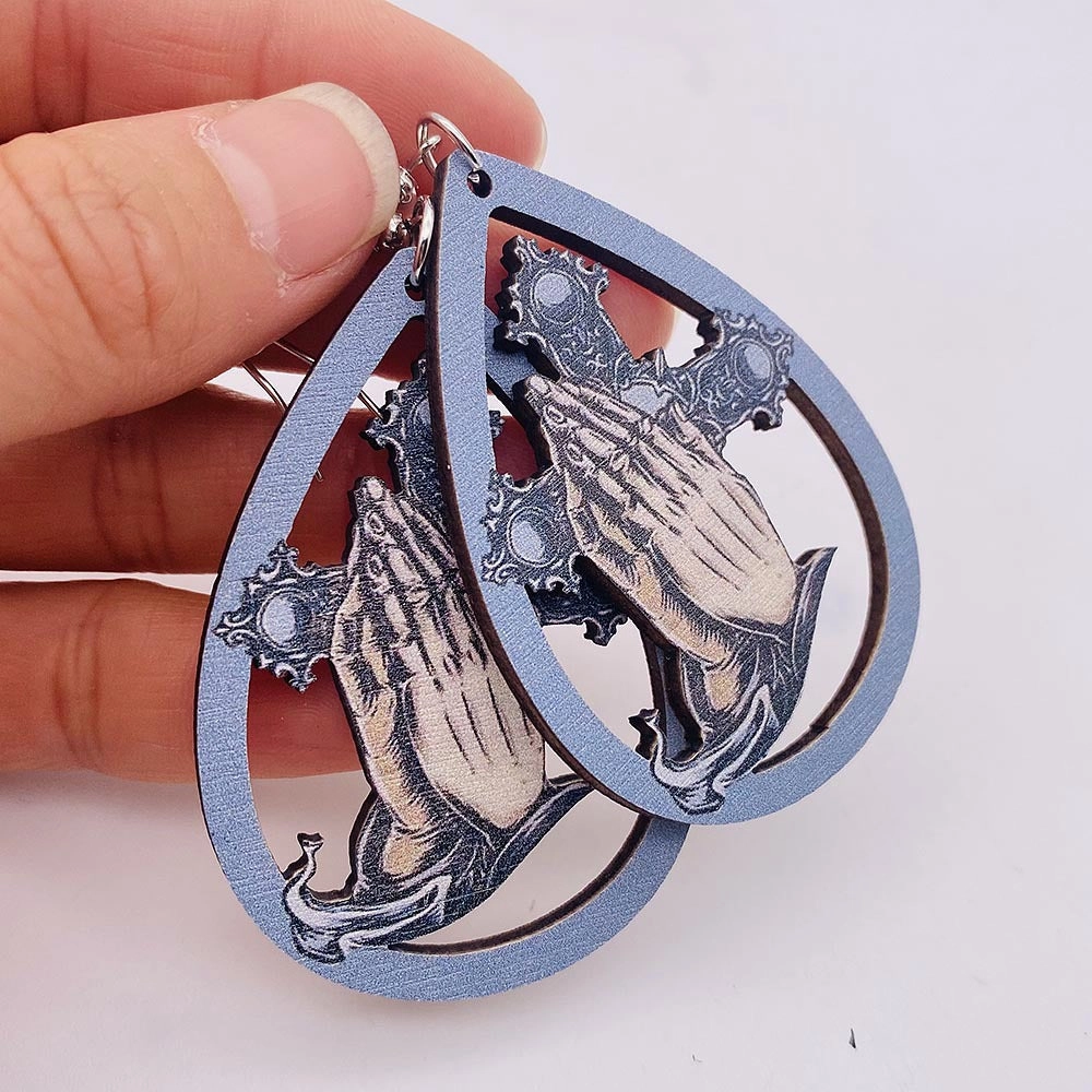 Wholesale Wooden Water Drop Cross Baroque Relief Earrings