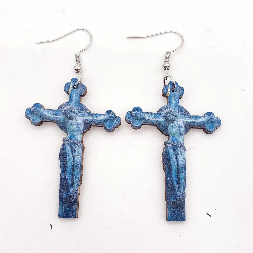 Wholesale Wooden Water Drop Cross Baroque Relief Earrings