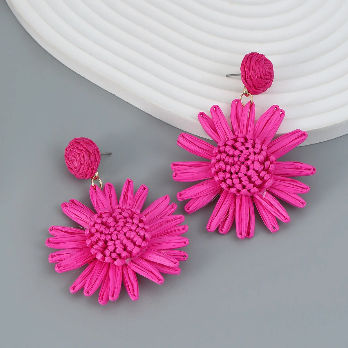 Wholesale Woven Flower Raffia Earrings