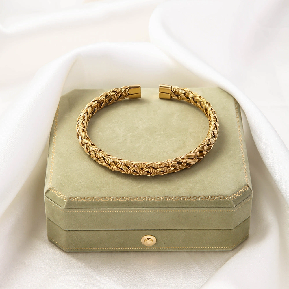 Wholesale Woven Open Adjustable Stainless Steel C-shaped Gold Bracelet