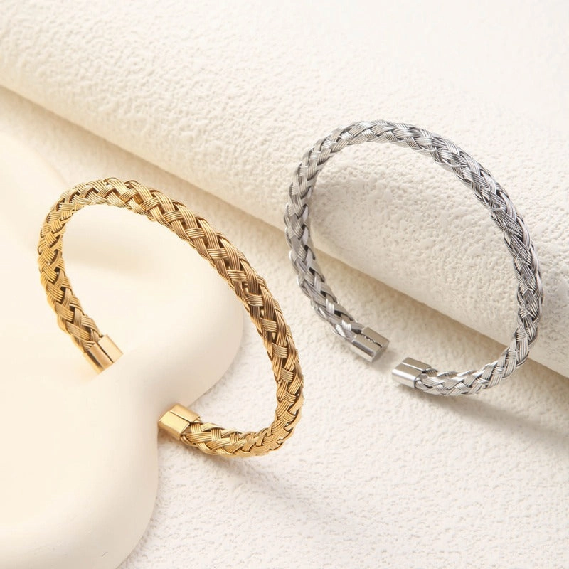 Wholesale Woven Open Adjustable Stainless Steel C-shaped Gold Bracelet