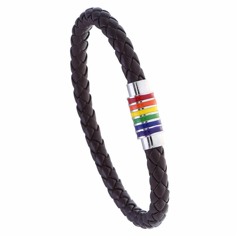 Wholesale Woven Rainbow Copper Magnet Buckle PU Leather Bracelet