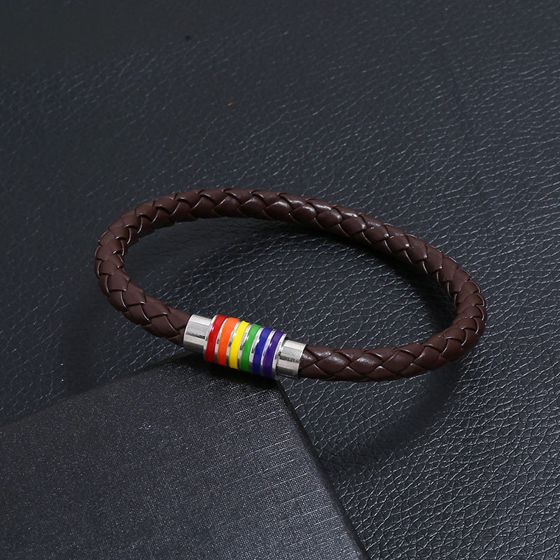 Wholesale Woven Rainbow Copper Magnet Buckle PU Leather Bracelet