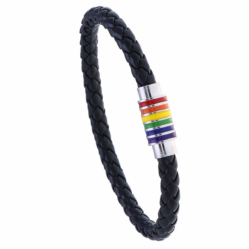 Wholesale Woven Rainbow Copper Magnet Buckle PU Leather Bracelet