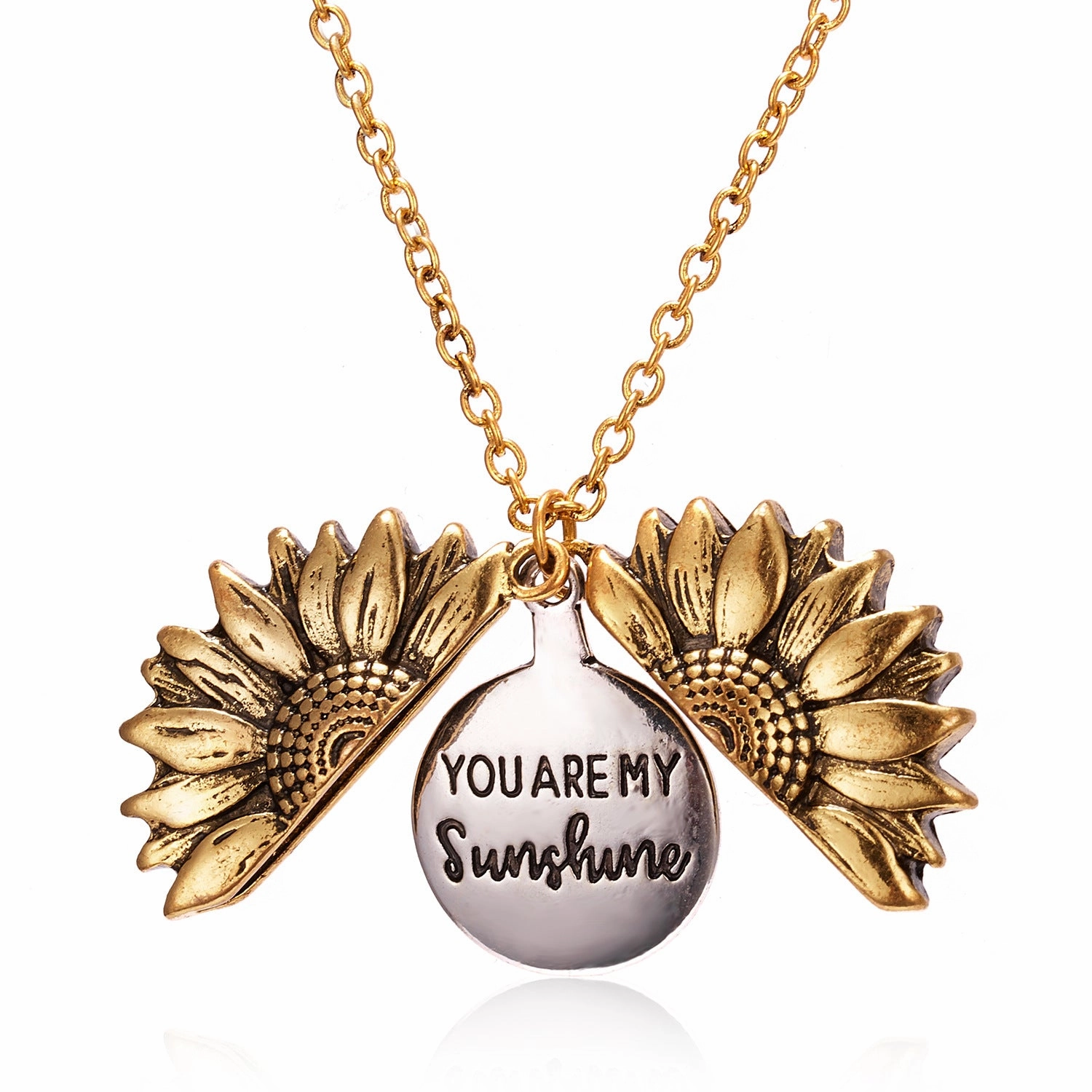 Wholesale You Are My Sunshine Sunflower Openable Engraved Double-sided Pendant Alloy Necklace
