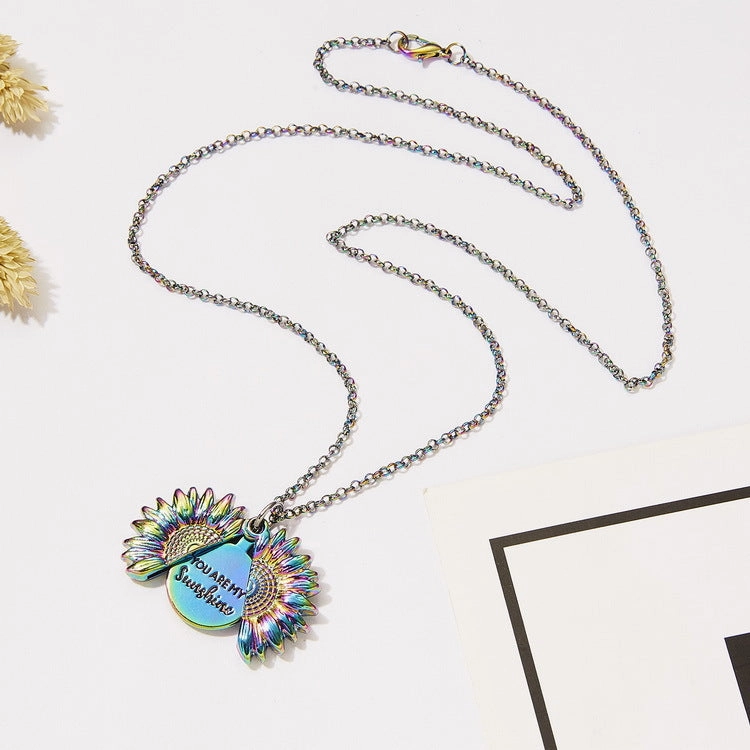 Wholesale You Are My Sunshine Sunflower Openable Engraved Double-sided Pendant Alloy Necklace