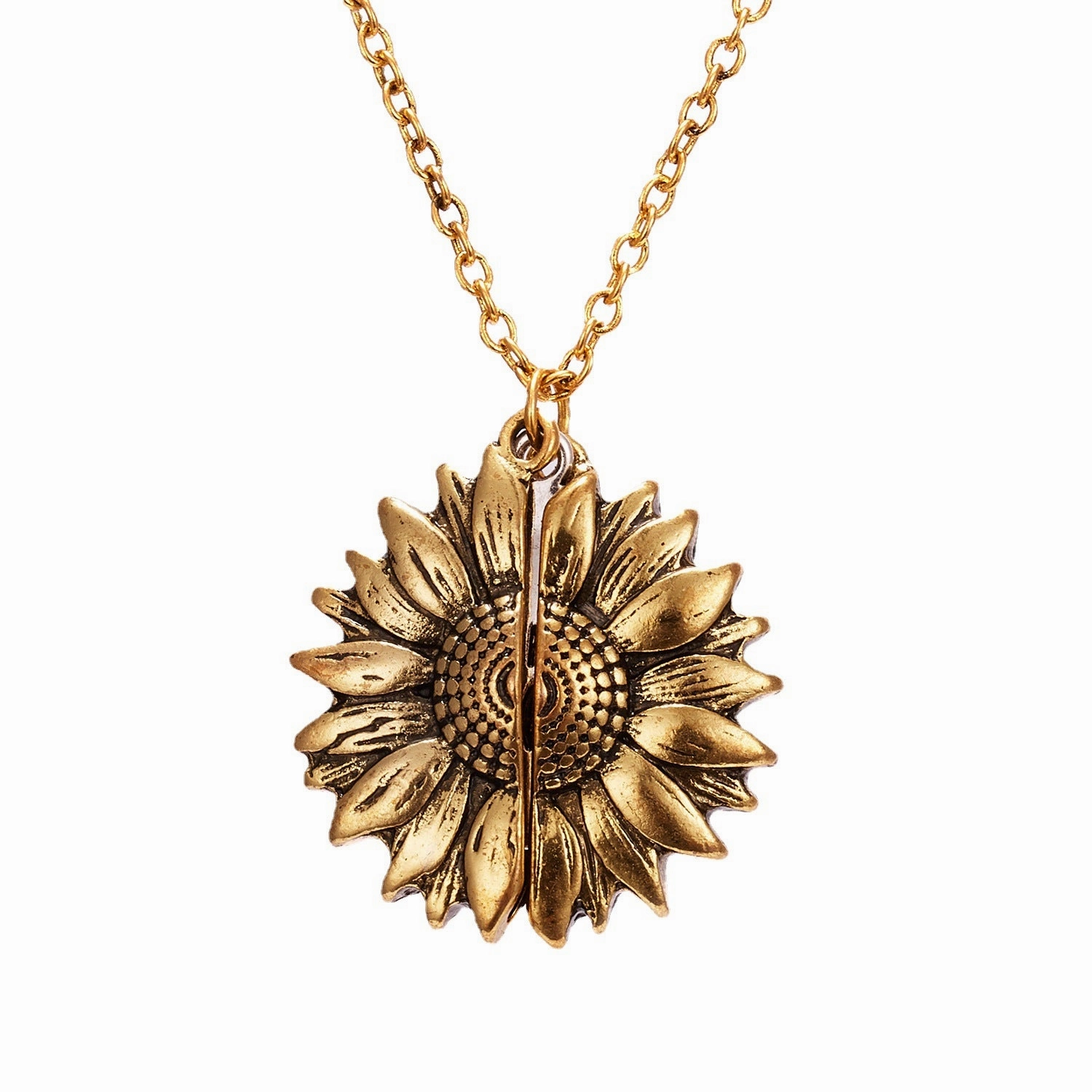 Wholesale You Are My Sunshine Sunflower Openable Engraved Double-sided Pendant Alloy Necklace