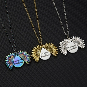 Wholesale You Are My Sunshine Sunflower Openable Engraved Double-sided Pendant Alloy Necklace