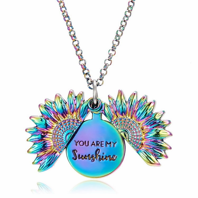 Wholesale You Are My Sunshine Sunflower Openable Engraved Double-sided Pendant Alloy Necklace