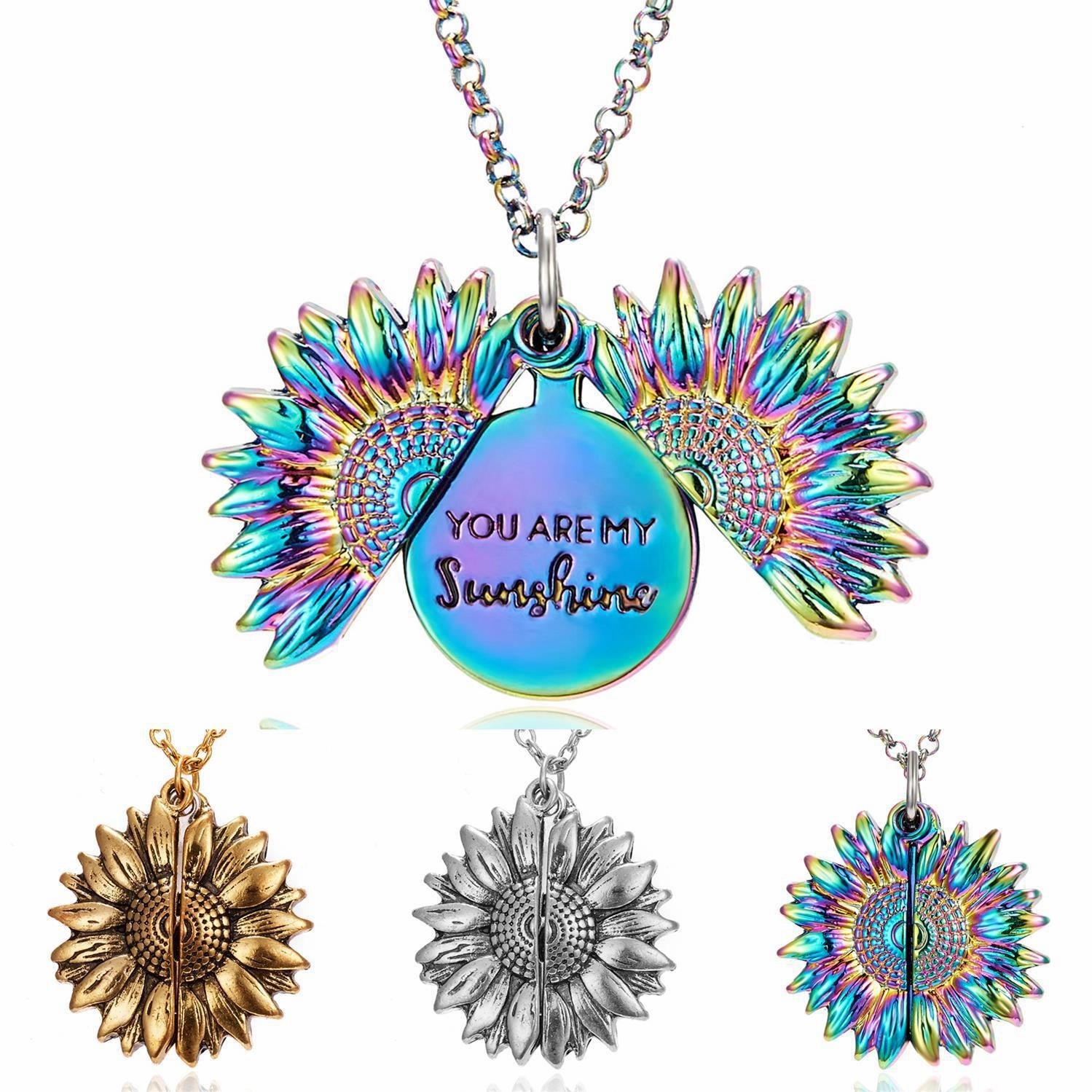 Wholesale You Are My Sunshine Sunflower Openable Engraved Double-sided Pendant Alloy Necklace
