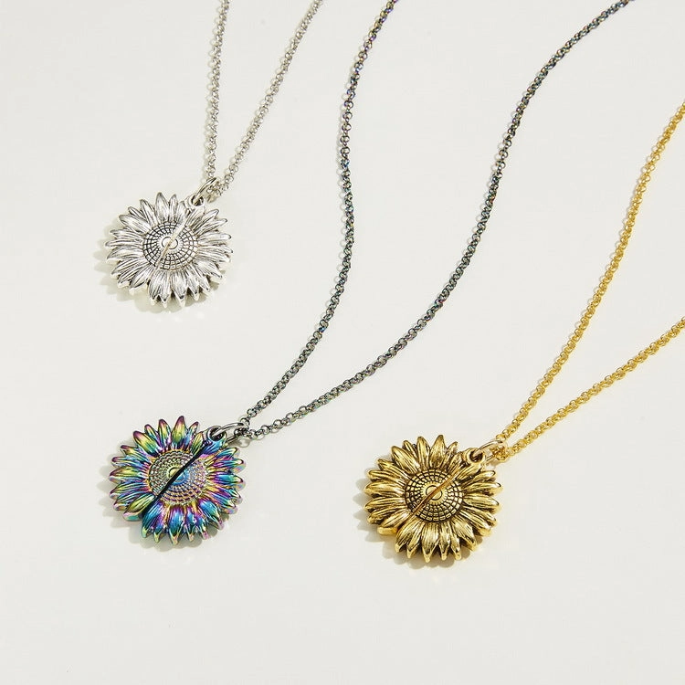 Wholesale You Are My Sunshine Sunflower Openable Engraved Double-sided Pendant Alloy Necklace