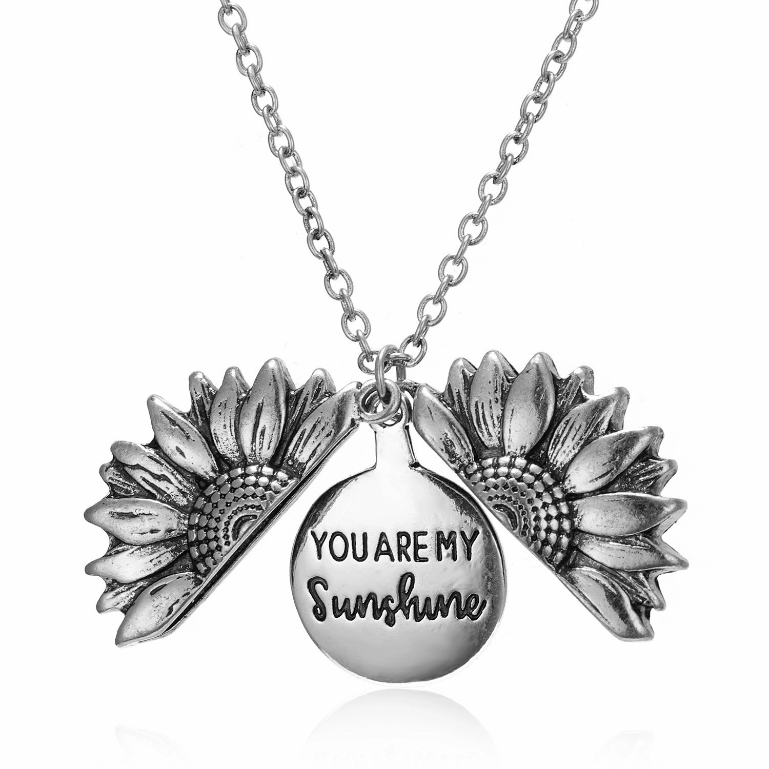 Wholesale You Are My Sunshine Sunflower Openable Engraved Double-sided Pendant Alloy Necklace