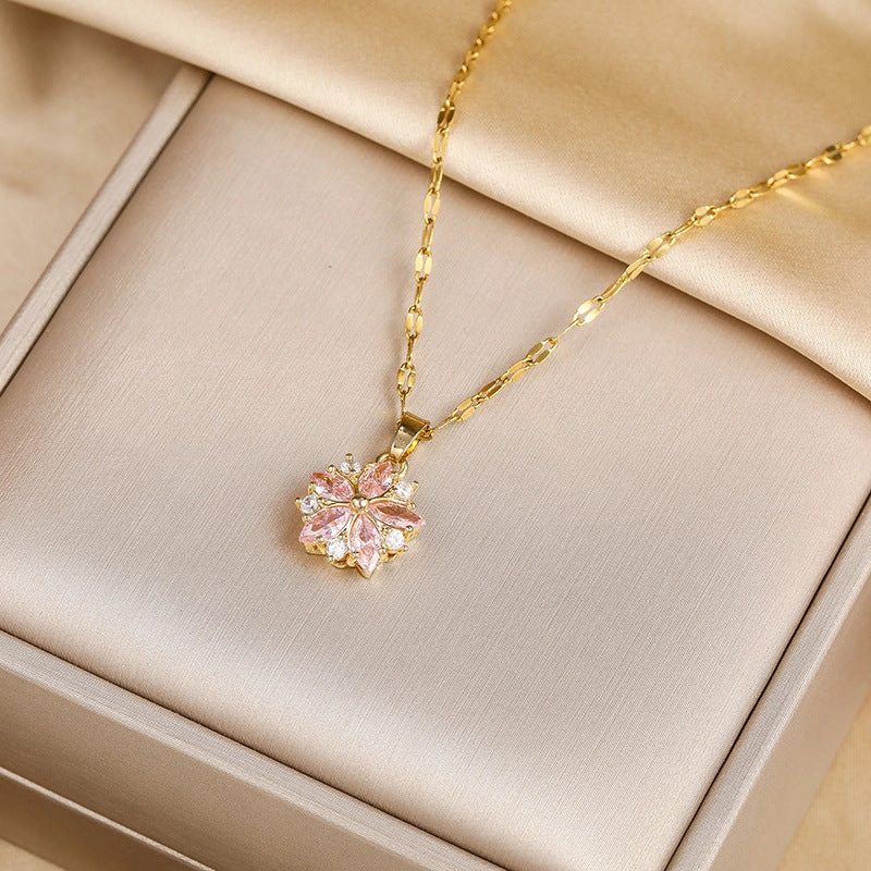 Wholesale Zircon Crystal Cherry Blossom Titanium Steel Necklaces