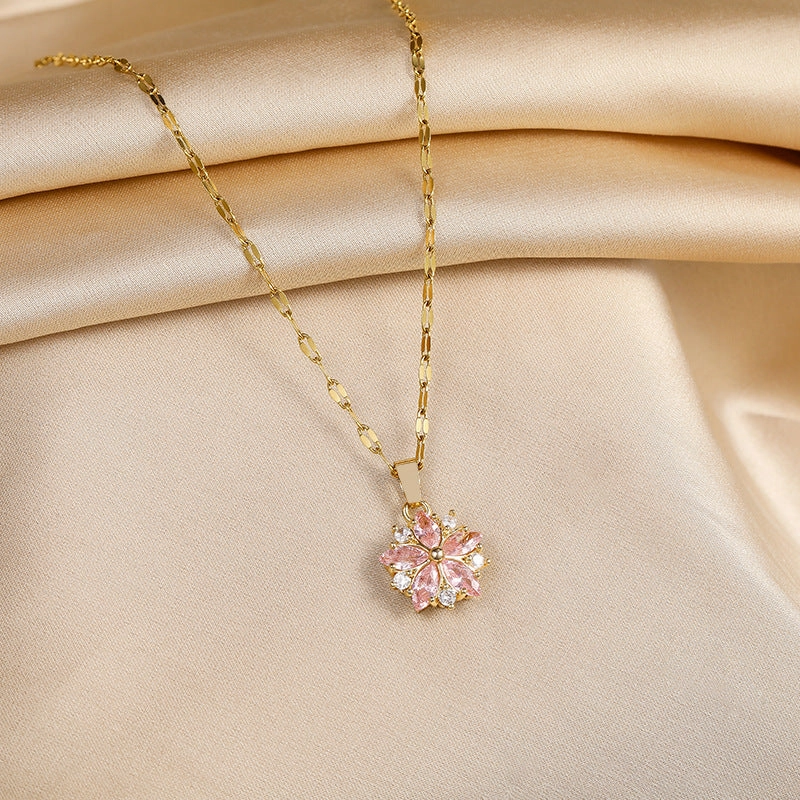Wholesale Zircon Crystal Cherry Blossom Titanium Steel Necklaces